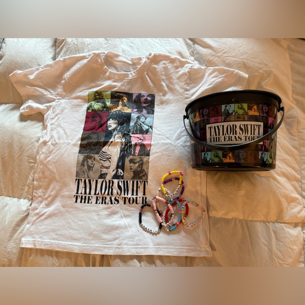 Taylor Swift The Eras Tour White T-Shirt with bucket and friendship bracelets